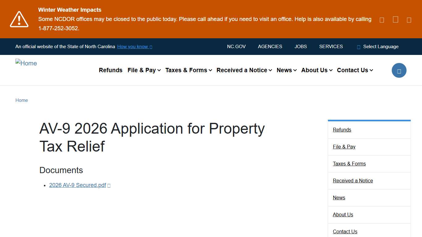 AV-9 2026 Application for Property Tax Relief NCDOR